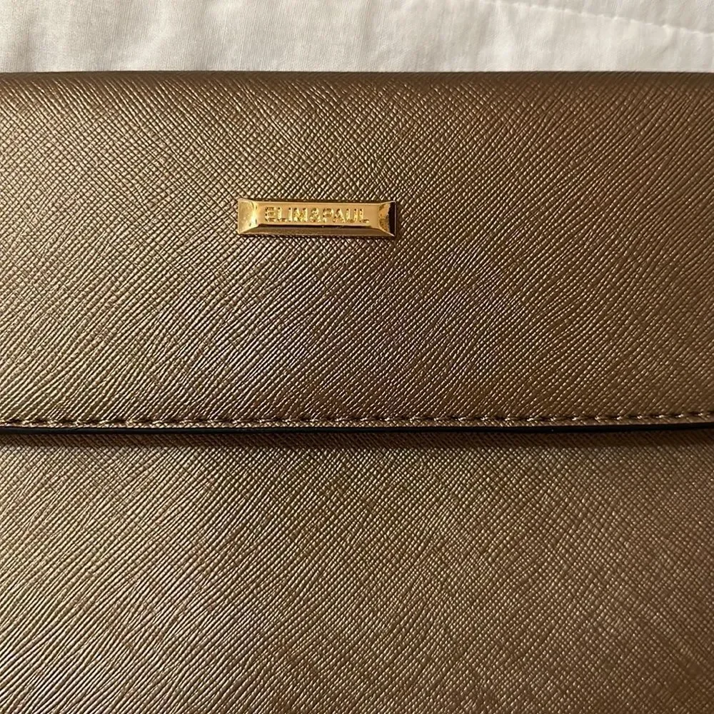 Elim & Paul Taupe Gold Tone Metallic Envelope Clutch Wristlet